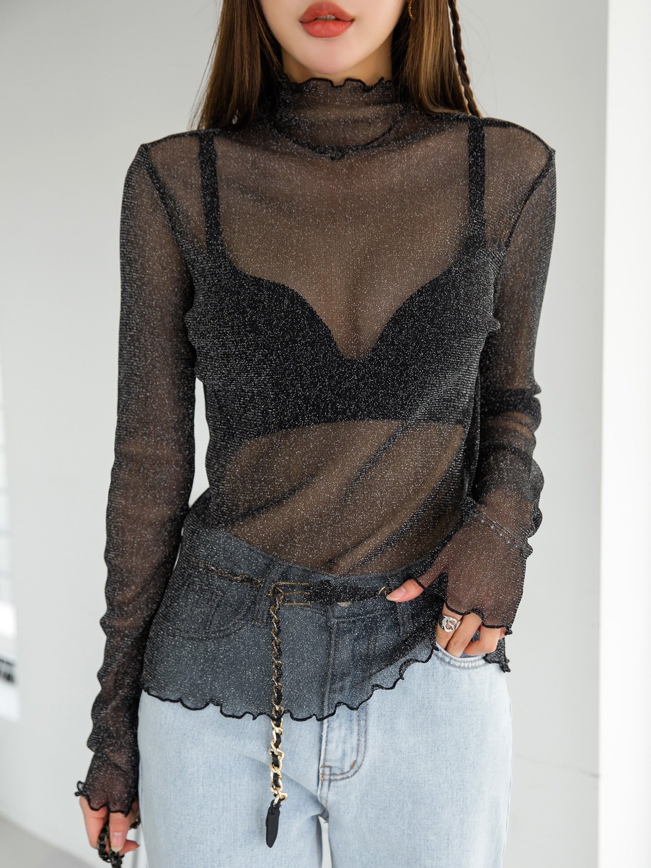 DAZY Lettuce Trim Mock Neck Mesh Top Without Bra - Negative Apparel