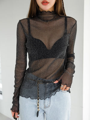 DAZY Lettuce Trim Mock Neck Mesh Top Without Bra - Negative Apparel