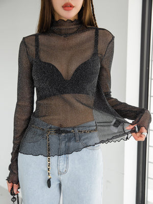 DAZY Lettuce Trim Mock Neck Mesh Top Without Bra - Negative Apparel