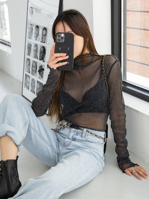 DAZY Lettuce Trim Mock Neck Mesh Top Without Bra - Negative Apparel