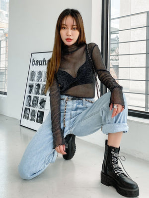 DAZY Lettuce Trim Mock Neck Mesh Top Without Bra - Negative Apparel