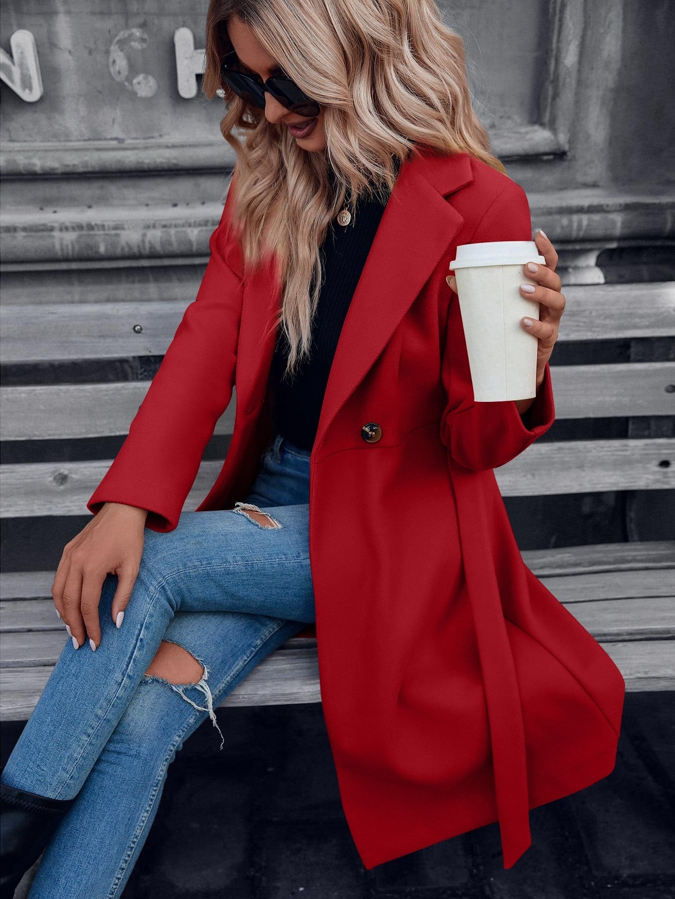 Double Button Belted Overcoat - Negative Apparel