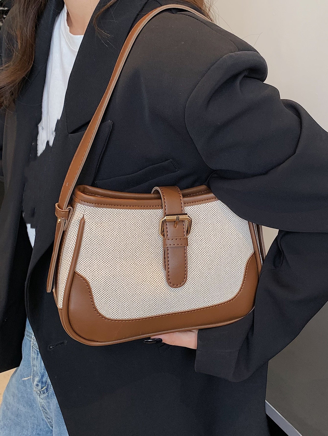 Fashionable Linen Cloth Color Blocking Elegant Shoulder Cross-body Bag - Negative Apparel
