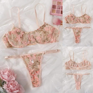 Floral Embroidered Mesh Lingerie Set - Negative Apparel