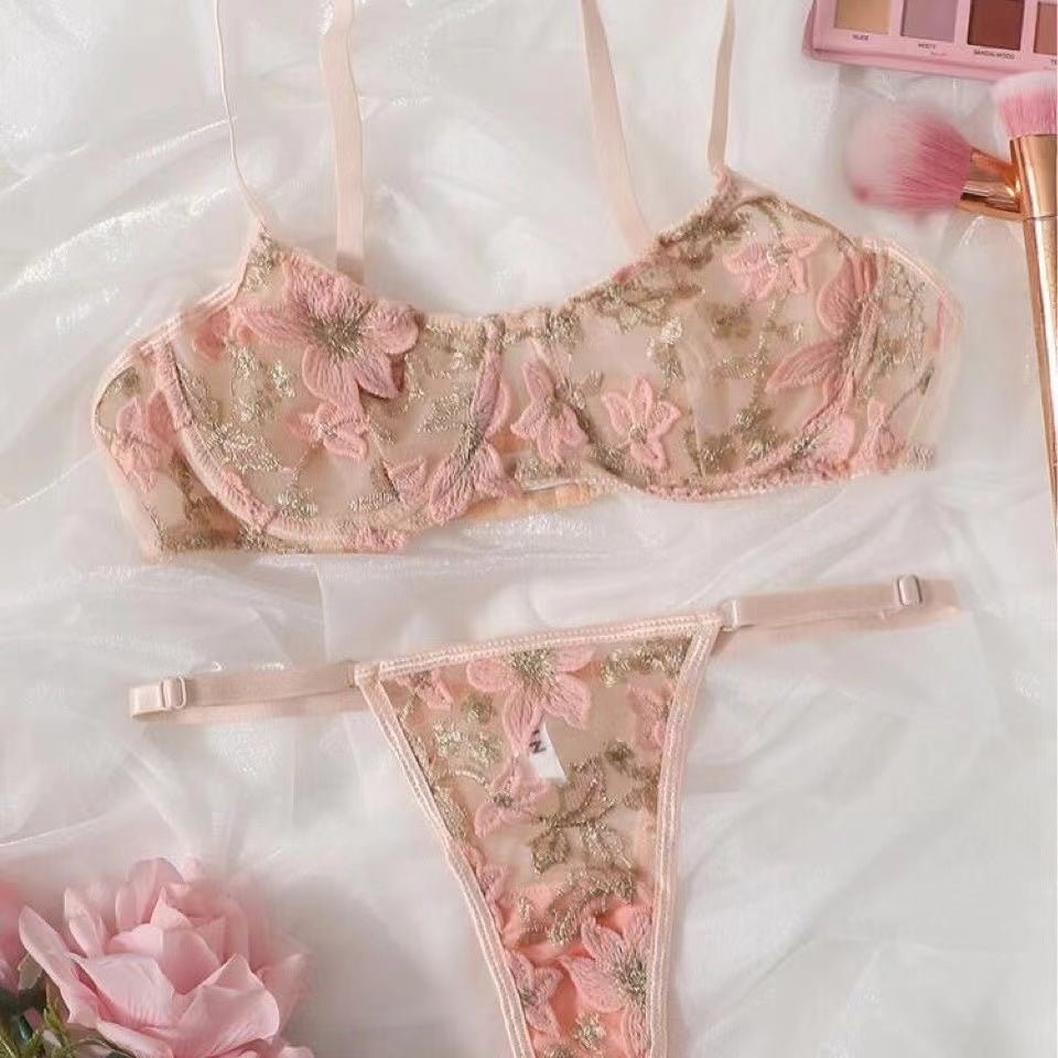 Floral Embroidered Mesh Lingerie Set - Negative Apparel