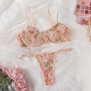 Floral Embroidered Mesh Lingerie Set - Negative Apparel