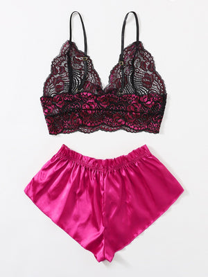 Floral Lace Bralette With Satin Shorts - Negative Apparel