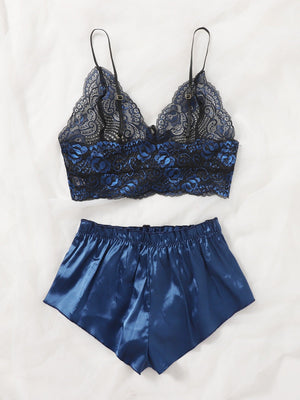 Floral Lace Bralette With Satin Shorts - Negative Apparel
