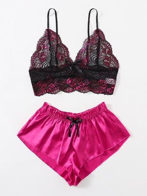 Floral Lace Bralette With Satin Shorts - Negative Apparel