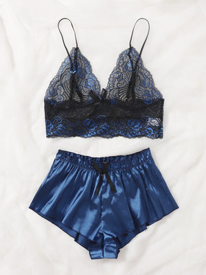 Floral Lace Bralette With Satin Shorts - Negative Apparel