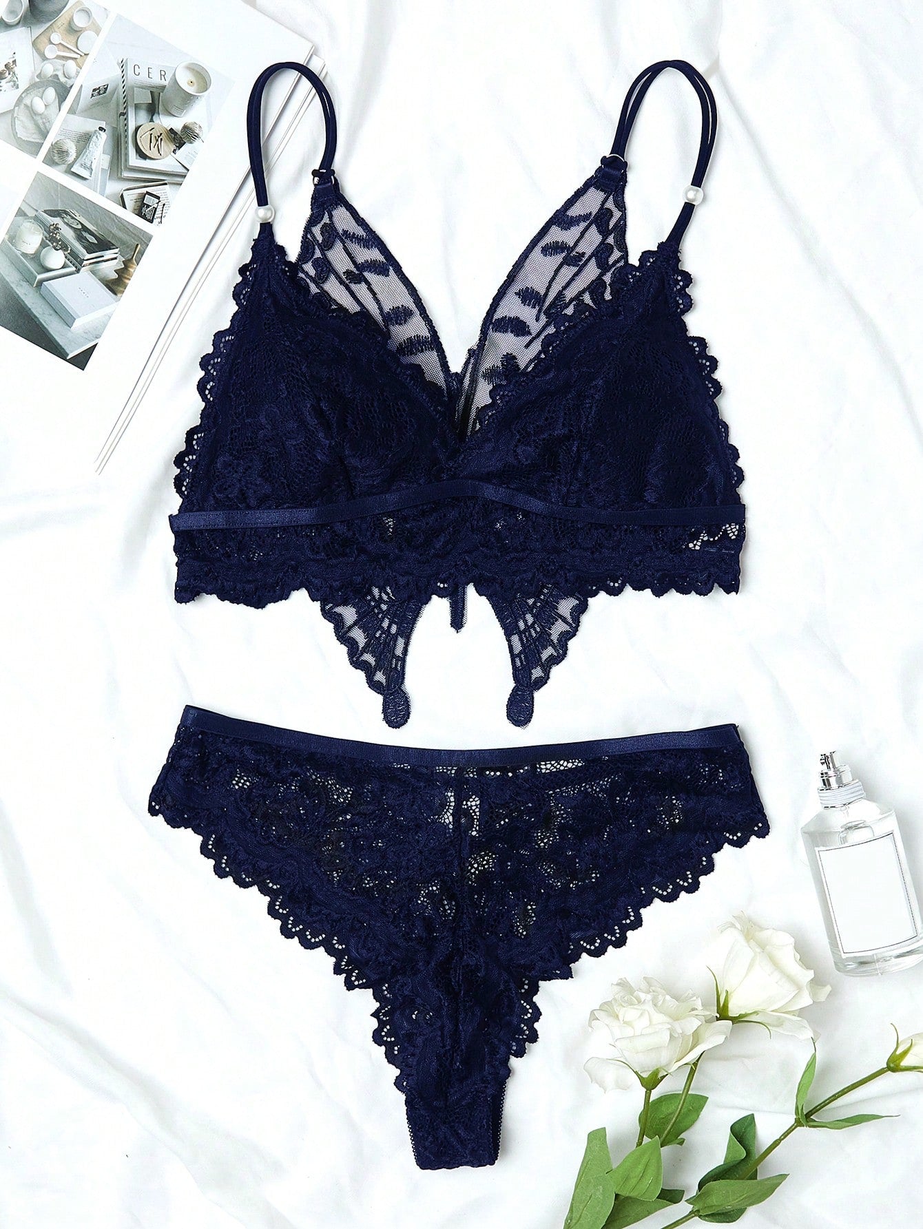 Floral Lace Butterfly Decor Lingerie Set - Negative Apparel
