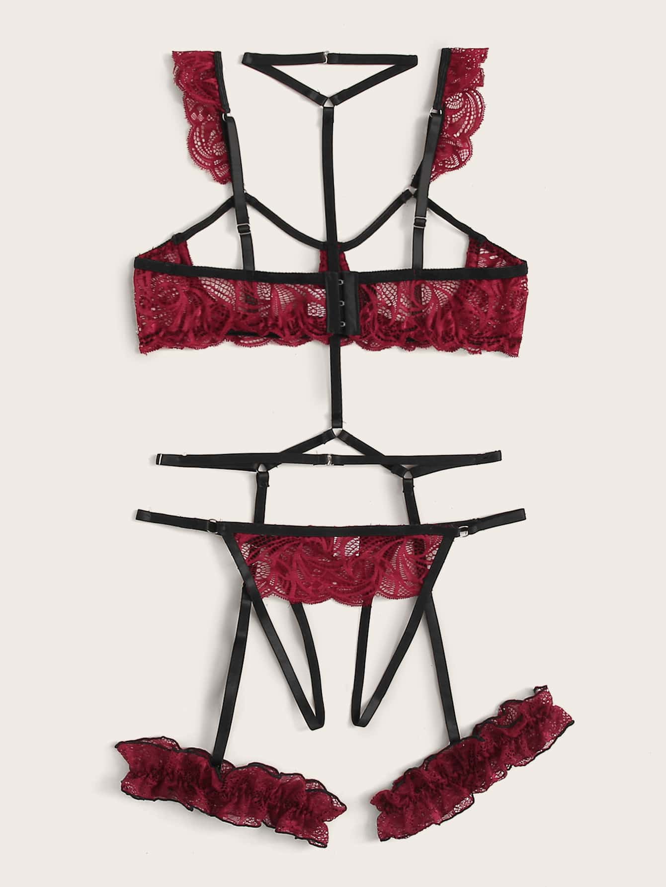 Floral Lace Underwire Garter Lingerie Set With Choker - Negative Apparel