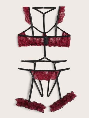 Floral Lace Underwire Garter Lingerie Set With Choker - Negative Apparel