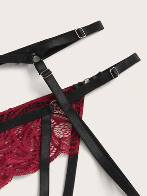 Floral Lace Underwire Garter Lingerie Set With Choker - Negative Apparel