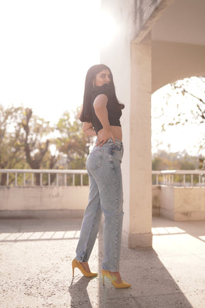 HIGH WAIST ROUGH HEM JEANS - Negative Apparel