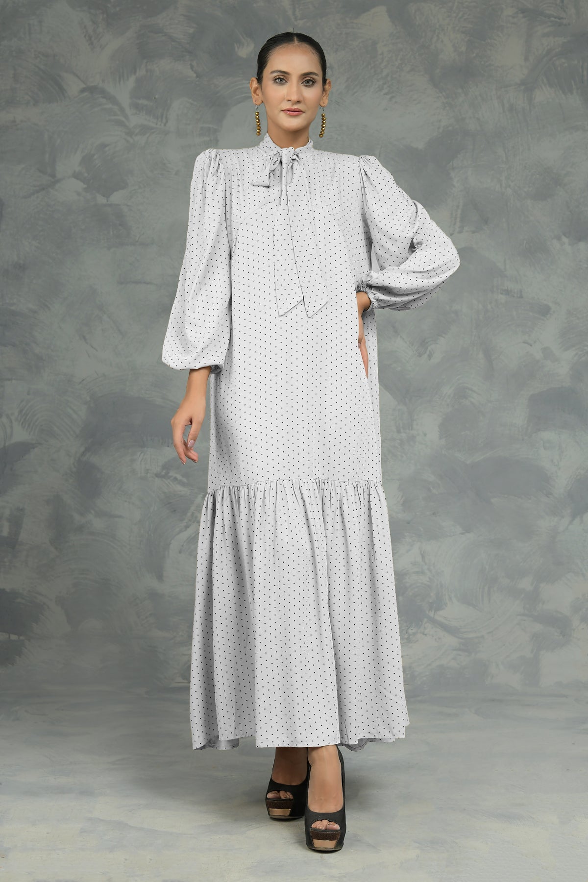 Knot Collar Lantern Sleeve Dress - Negative Apparel
