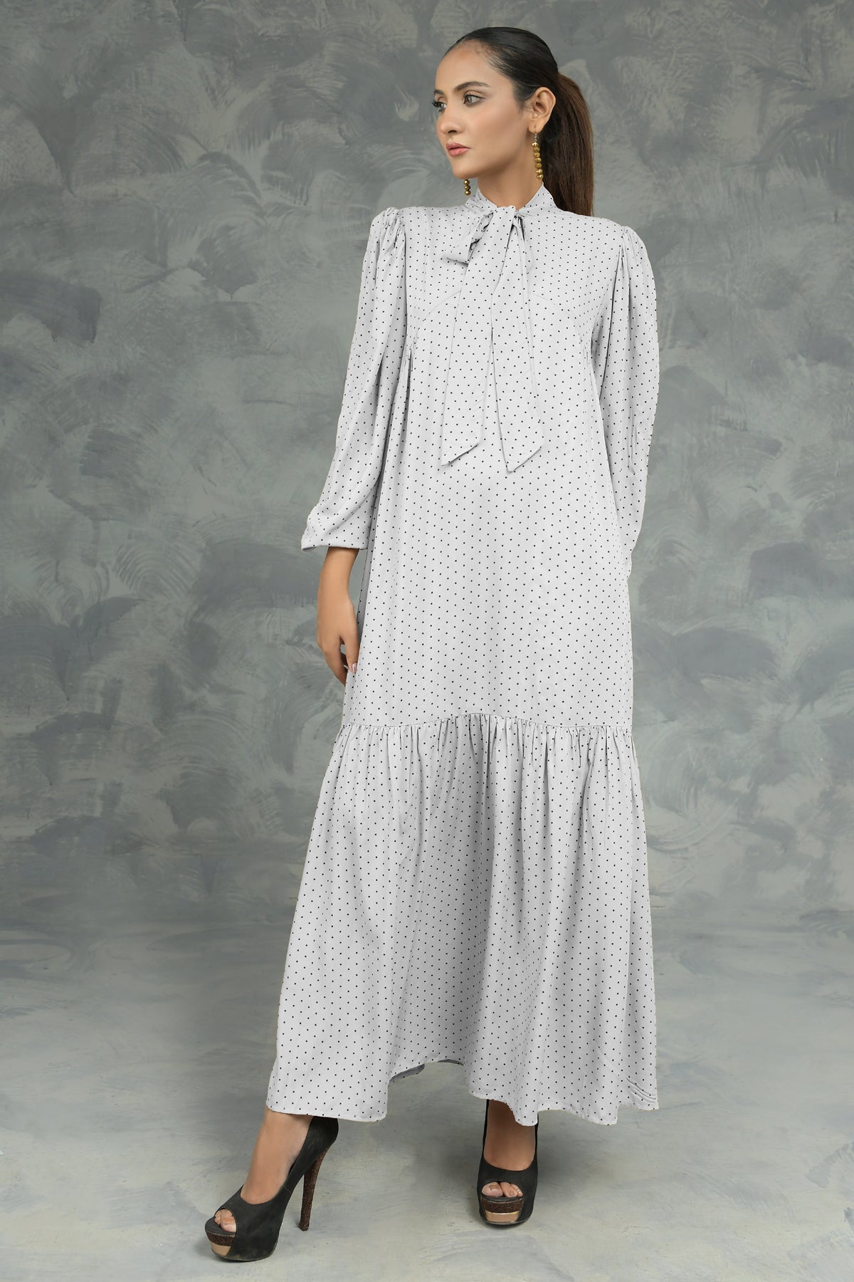 Knot Collar Lantern Sleeve Dress - Negative Apparel