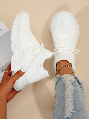 Lace-up Front High Top Chunky Sneakers, White Color Running Shoes With Solid Color Shoelaces For Women - Negative Apparel