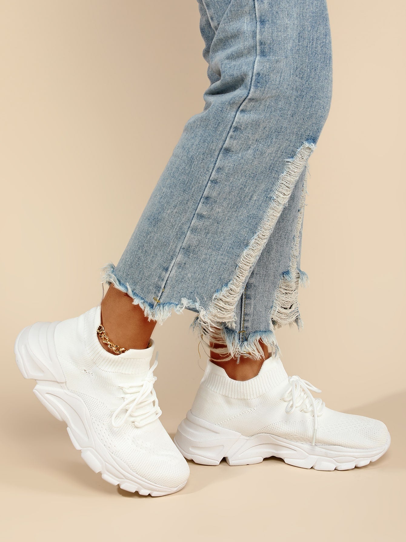 Lace-up Front High Top Chunky Sneakers, White Color Running Shoes With Solid Color Shoelaces For Women - Negative Apparel