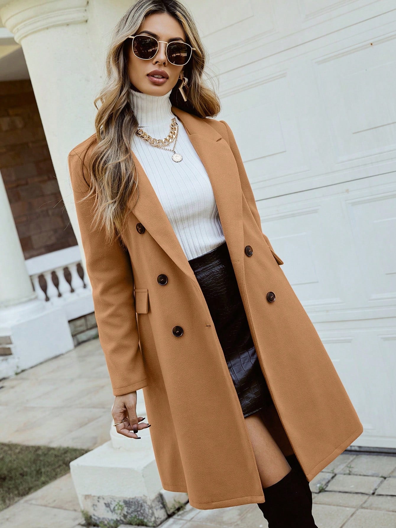 Lapel Collar Double Breasted Overcoat - Negative Apparel