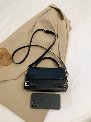 Letter Embossed Buckle Decor Flap Square Bag - Negative Apparel