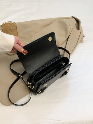 Letter Embossed Buckle Decor Flap Square Bag - Negative Apparel