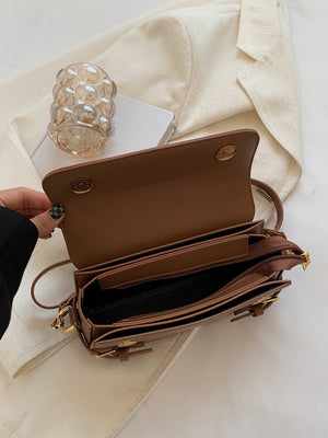 Letter Embossed Buckle Decor Flap Square Bag - Negative Apparel