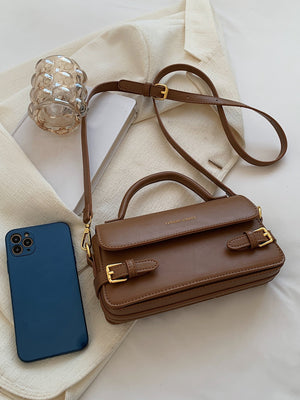 Letter Embossed Buckle Decor Flap Square Bag - Negative Apparel