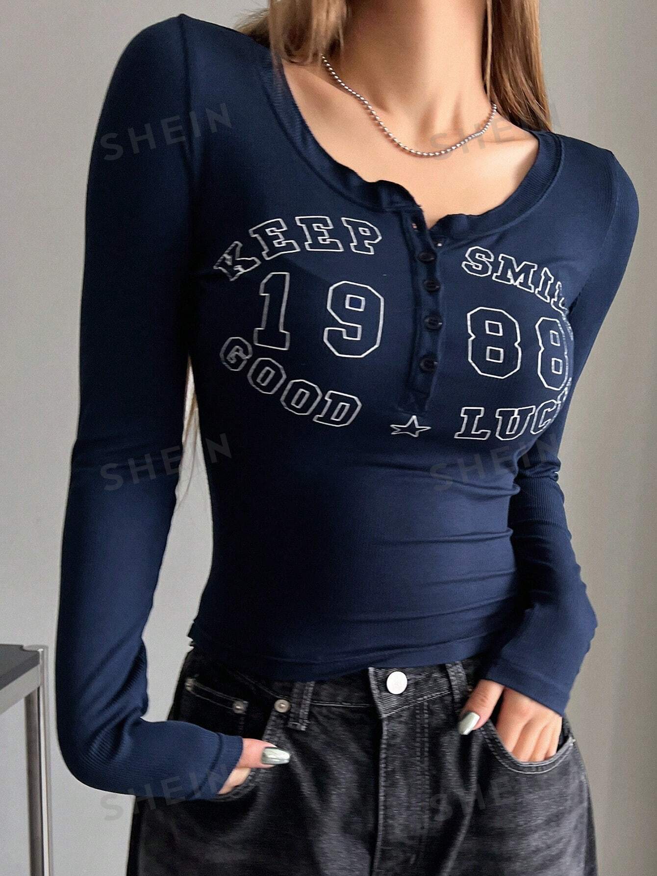 Letter Printed Semi-Buttoned Round Neck Tight Long-Sleeved Women's T-Shirt - Negative Apparel