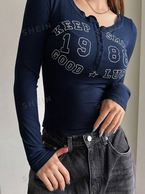 Letter Printed Semi-Buttoned Round Neck Tight Long-Sleeved Women's T-Shirt - Negative Apparel