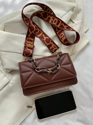 Lightweight,Business Casual Mini Chain Decor Flap Square Bag - Negative Apparel