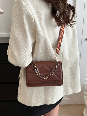 Lightweight,Business Casual Mini Chain Decor Flap Square Bag - Negative Apparel