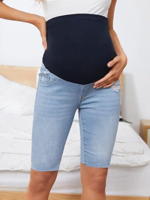 Maternity Ripped Raw Hem Denim Biker Shorts - Negative Apparel