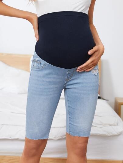 Maternity Ripped Raw Hem Denim Biker Shorts - Negative Apparel
