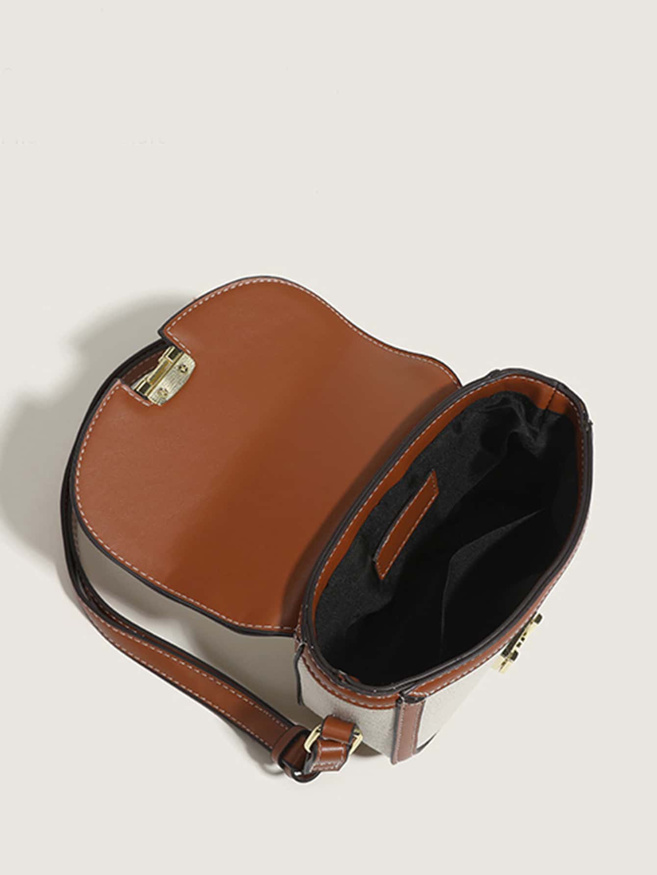 Metal Decor Saddle Bag Contrast Binding Flap Mini Stitching Saddle Bag - Negative Apparel