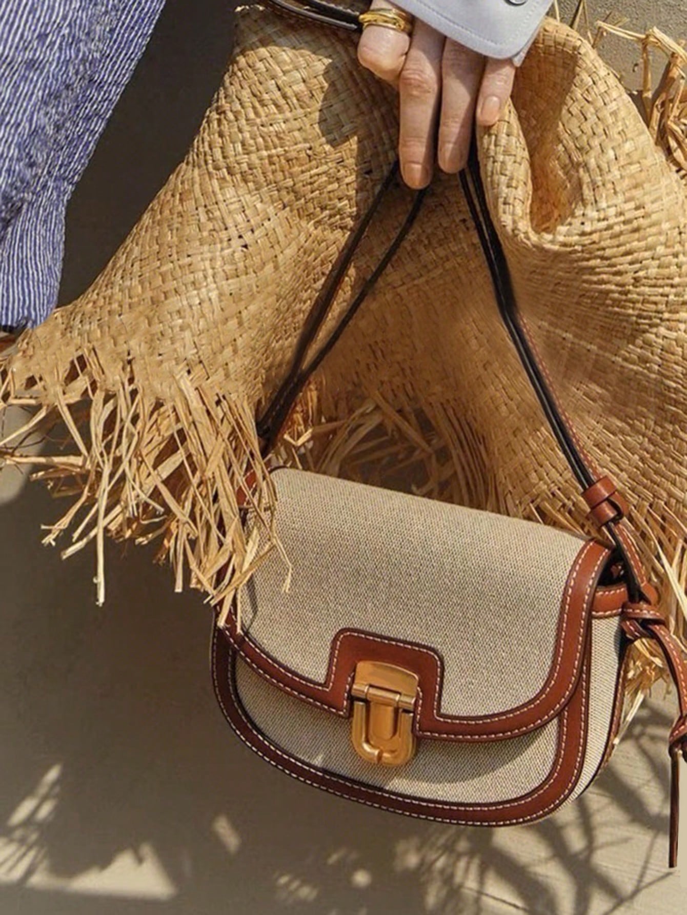 Metal Decor Saddle Bag Contrast Binding Flap Mini Stitching Saddle Bag - Negative Apparel