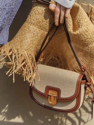 Metal Decor Saddle Bag Contrast Binding Flap Mini Stitching Saddle Bag - Negative Apparel