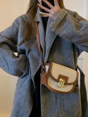 Metal Decor Saddle Bag Contrast Binding Flap Mini Stitching Saddle Bag - Negative Apparel