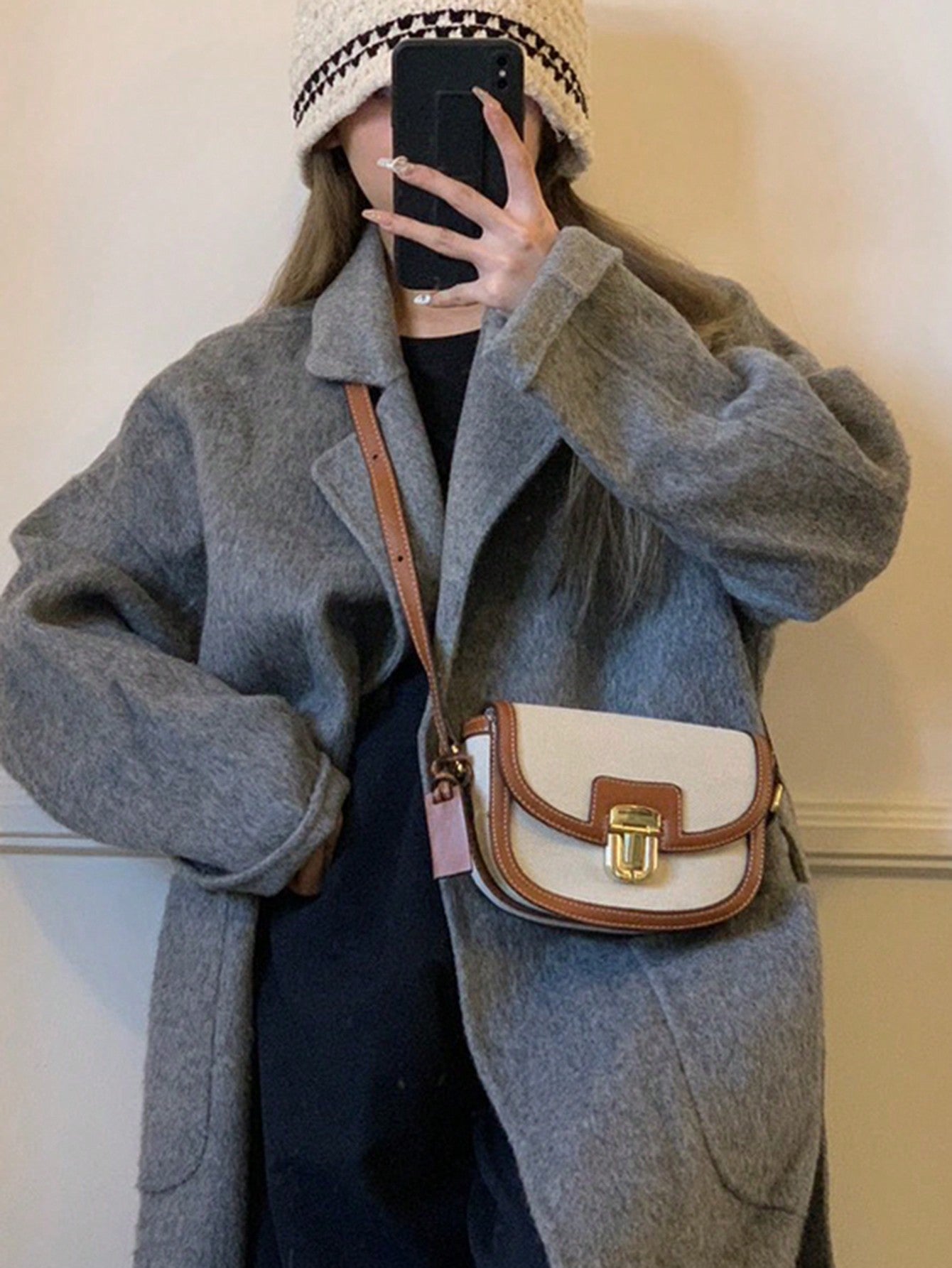 Metal Decor Saddle Bag Contrast Binding Flap Mini Stitching Saddle Bag - Negative Apparel