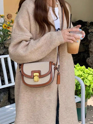 Metal Decor Saddle Bag Contrast Binding Flap Mini Stitching Saddle Bag - Negative Apparel