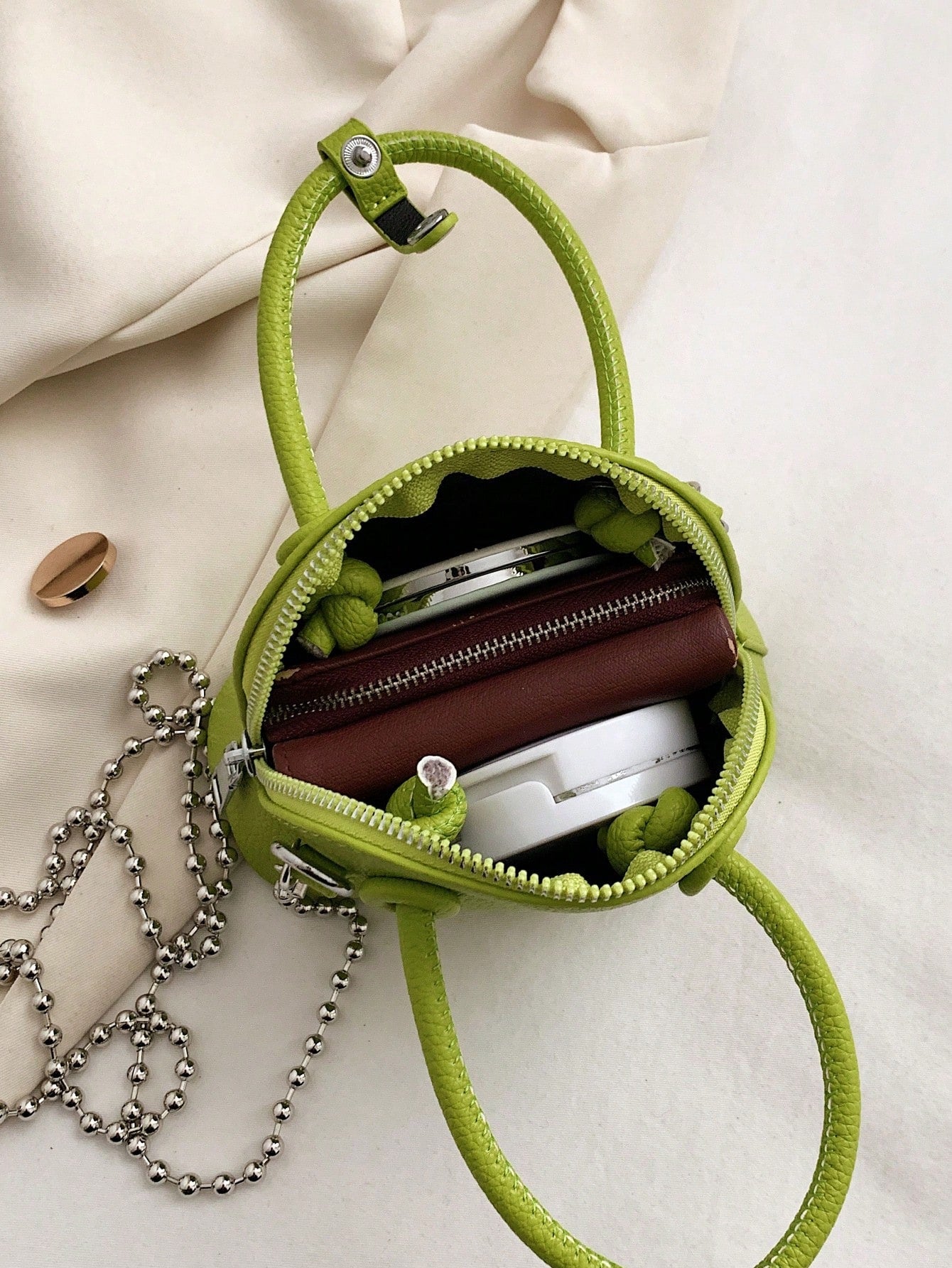 Mini Neon Pink Litchi Embossed Chain Dome Bag - Negative Apparel