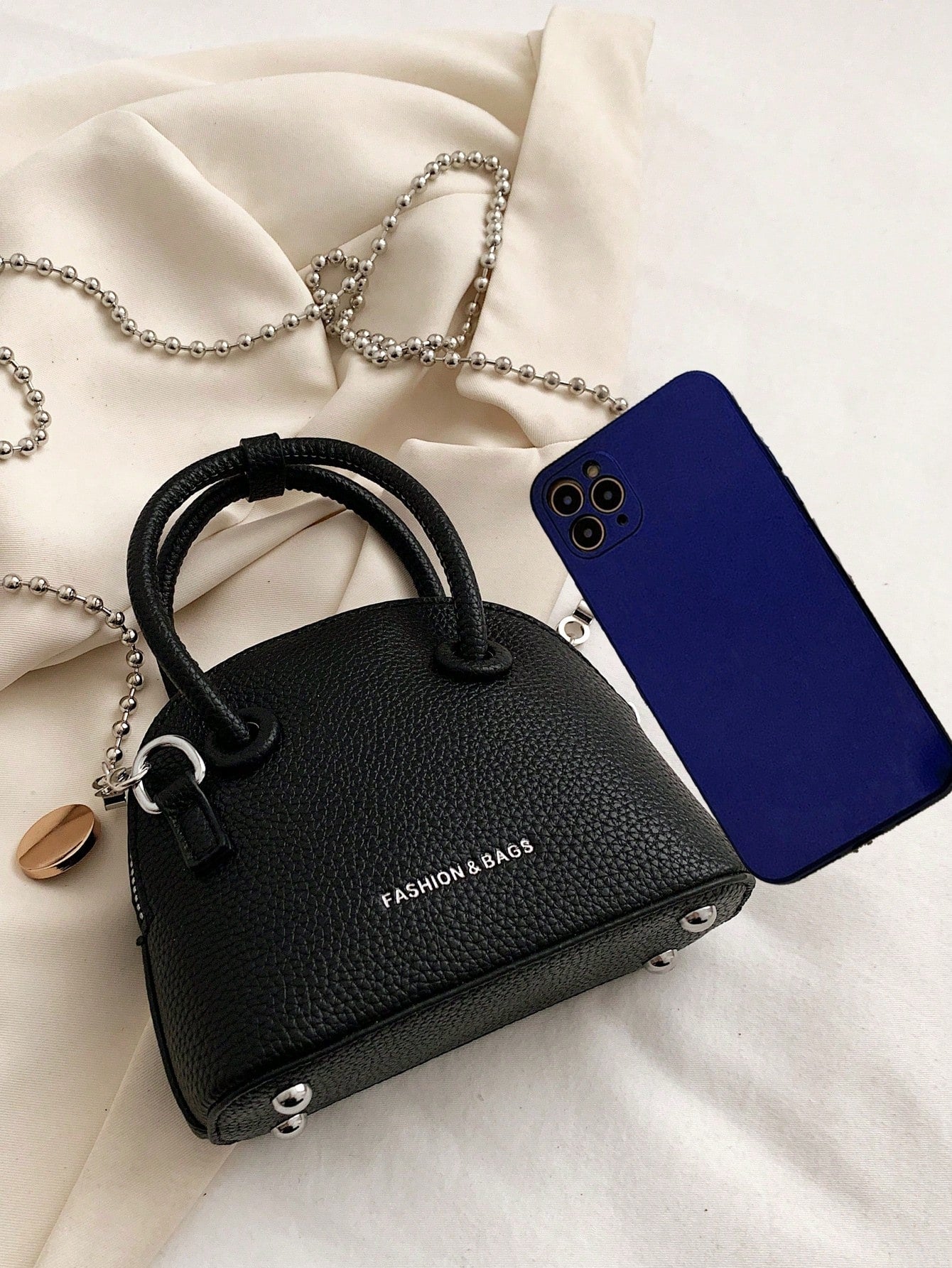 Mini Neon Pink Litchi Embossed Chain Dome Bag - Negative Apparel