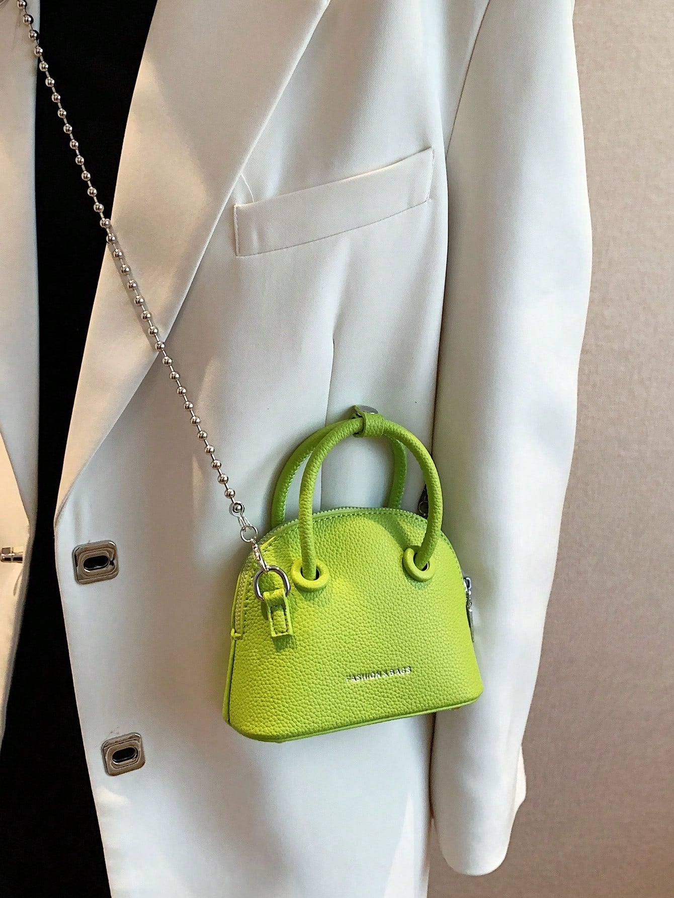 Mini Neon Pink Litchi Embossed Chain Dome Bag - Negative Apparel