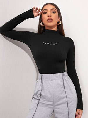 Mock Neck Letter Embroidered Rib-knit Tee - Negative Apparel