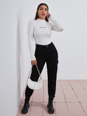 Mock Neck Letter Embroidered Rib-knit Tee - Negative Apparel