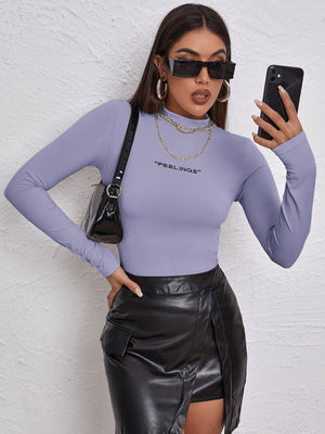 Mock Neck Letter Embroidered Rib-knit Tee - Negative Apparel