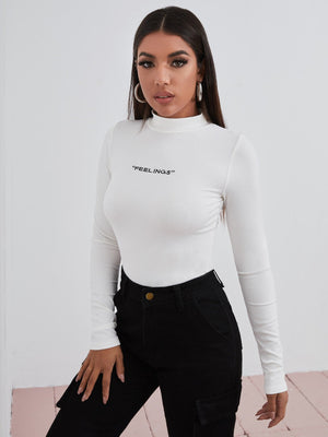 Mock Neck Letter Embroidered Rib-knit Tee - Negative Apparel