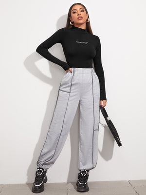 Mock Neck Letter Embroidered Rib-knit Tee - Negative Apparel