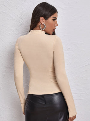 Mock Neck Letter Embroidered Rib-knit Tee - Negative Apparel