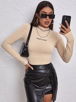 Mock Neck Letter Embroidered Rib-knit Tee - Negative Apparel